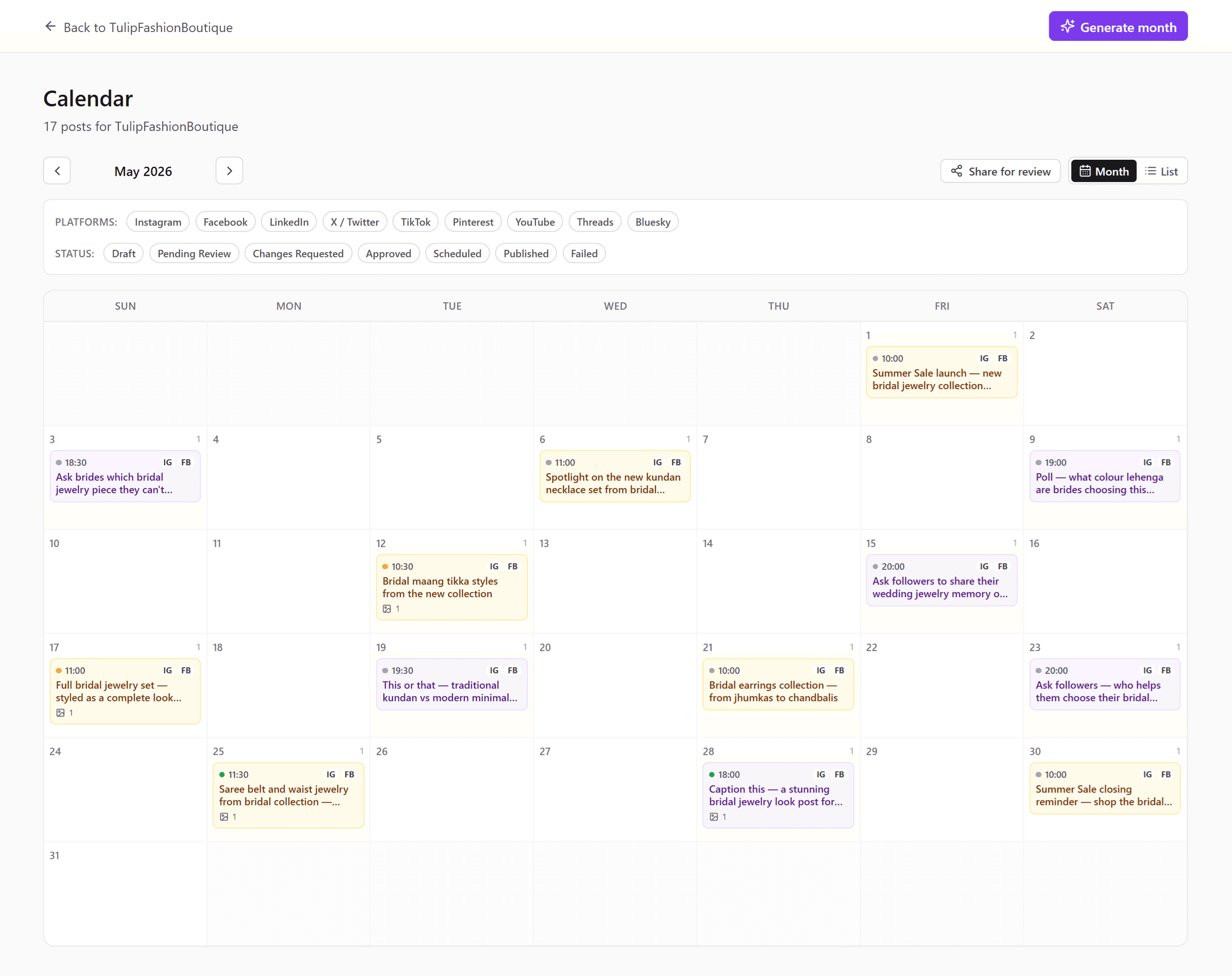 ContentOS calendar — month view with a full month of AI-generated, on-brand posts scheduled across platforms